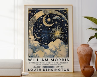 Moon and Cloud Celestial Star Print, William Morris Inspired Art, Blue And Gold Poster, Fantasy Home Decor, Bedroom Wall Art