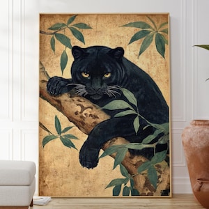 Stampa ispirata alla natura del giaguaro nero, poster originale di arte murale tropicale, arredamento per la casa con animali selvatici, elegante opera d'arte di grandi felini, idea regalo unica