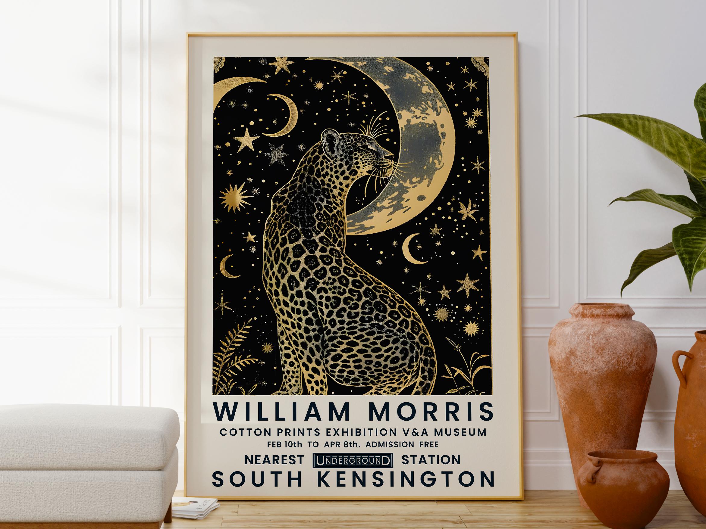 Leopard and Moon Celestial Print: William Morris Animal Wall Art
