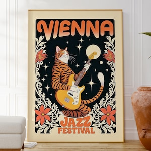 Impresión de gato tocando la guitarra, póster de jazz, arte mural vintage inspirado en los años 70, regalo para amantes de la música, arte botánico