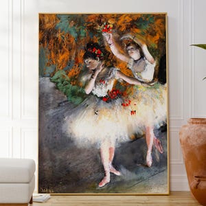 May include: A painting of two ballerinas in white tutus, one holding a bouquet of red flowers. The ballerinas are posed in a graceful dance, with the background painted in a soft, impressionistic style.
