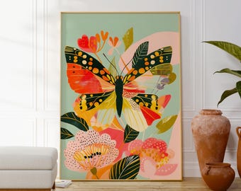 Colourful Butterfly Print, Children&#39;s Wall Decor, Fairy Tale Wall Art, Nursery, Kids Room Art, Fun Modern Illustration