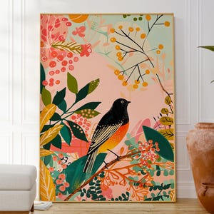 Poster di uccelli colorati, decorazione da parete per bambini, stampa di piante naturali, arte da parete colorata, arte per la cameretta dei bambini, illustrazione moderna divertente