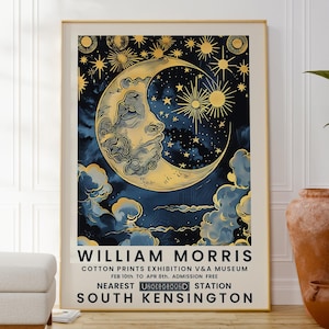 Himmlischen Mond und Wolke Poster, mystische Sternenhimmel Fantasie Druck, Schlafzimmer Wandkunst, William Morris inspiriert, Boho