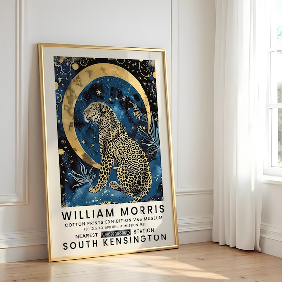 Celestial Leopard and Mountain Print, Mystical Night Sky Art, Blue