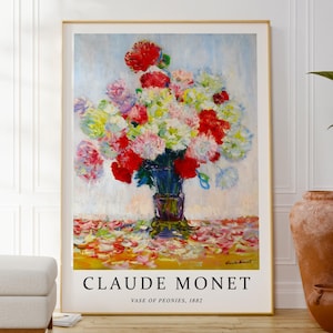 Estampado floral de jarrón de peonías de Claude Monet, póster de ramo de flores, obra de arte impresionista de naturaleza muerta botánica, decoración de pared para el hogar, idea de regalo
