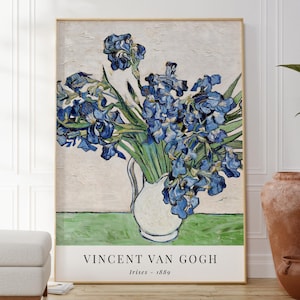 Lámina de arte mural botánico "Iris" de Van Gogh, póster de jarrón floral azul, bodegón inspirado en la naturaleza, decoración de pared de galería de artistas populares, regalo