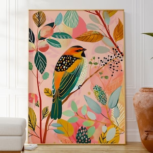Poster di uccelli colorati, decorazione da parete per bambini, stampa di piante naturali, arte da parete colorata, arte per la cameretta dei bambini, illustrazione moderna divertente