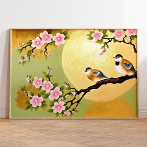 Stampa di un albero con fiori naturali, poster di due uccelli, opera d'arte giapponese in fiore, paesaggio dorato, decorazione da parete per la casa, parete galleria, decorazione per la cameretta dei bambini, regalo