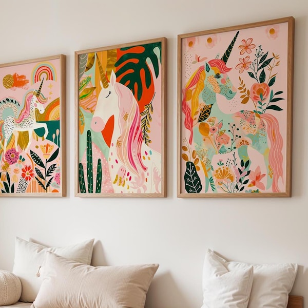 Set Of 3 Unicorn Posters, Cute Kids Wall Decor, Magical Wall Art, Nursery Prints, Gift For Daughter