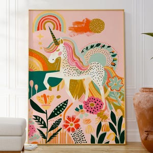 Póster con estampado de flores de unicornio, arte mágico para guardería, cuento de hadas, decoración de pared con animales divertidos, póster para habitación infantil, regalo para un amigo.
