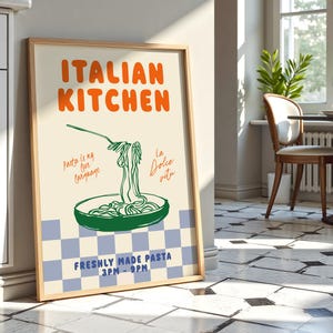 May include: A poster with a retro design featuring a bowl of pasta with the text "ITALIAN KITCHEN" in orange and "Pasta is my love language" and "La Dolce Vita" in black. The poster also includes the text "FRESHLY MADE PASTA 3PM-9PM" in blue.