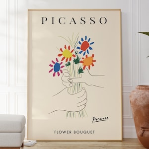 Impresión artística minimalista de ramo de flores de Picasso, póster de bellas artes, decoración de pared moderna para el hogar, arte contemporáneo, obra floral, idea de regalo