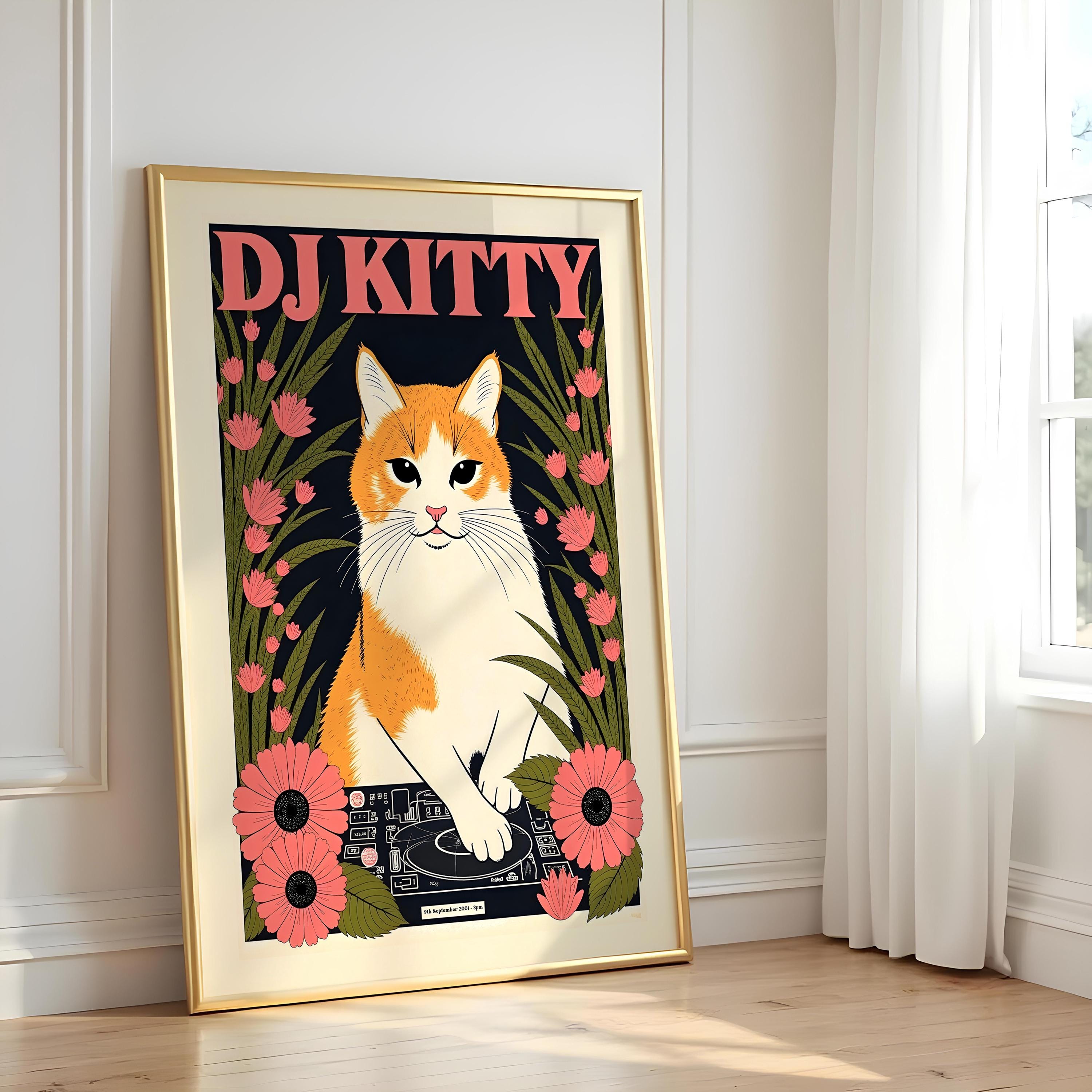 DJ Kitty Art Print: Retro Floral Cat Music Poster - Etsy