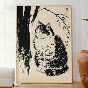 Impresión en tinta japonesa de gato negro, elegante arte mural minimalista, póster de animales tranquilos, regalo para amantes de los gatos, decoración botánica zen, naturaleza