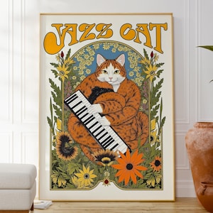 Lámina de gato jazz, arte mural musical, póster soul de los 70, arte mural floral, regalo para ella, popular ahora, decoración de sala de estar, arte vintage