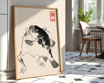 Matsumoto Hoji Frog and Fish Minimalist Ink Poster, Japanese Wall