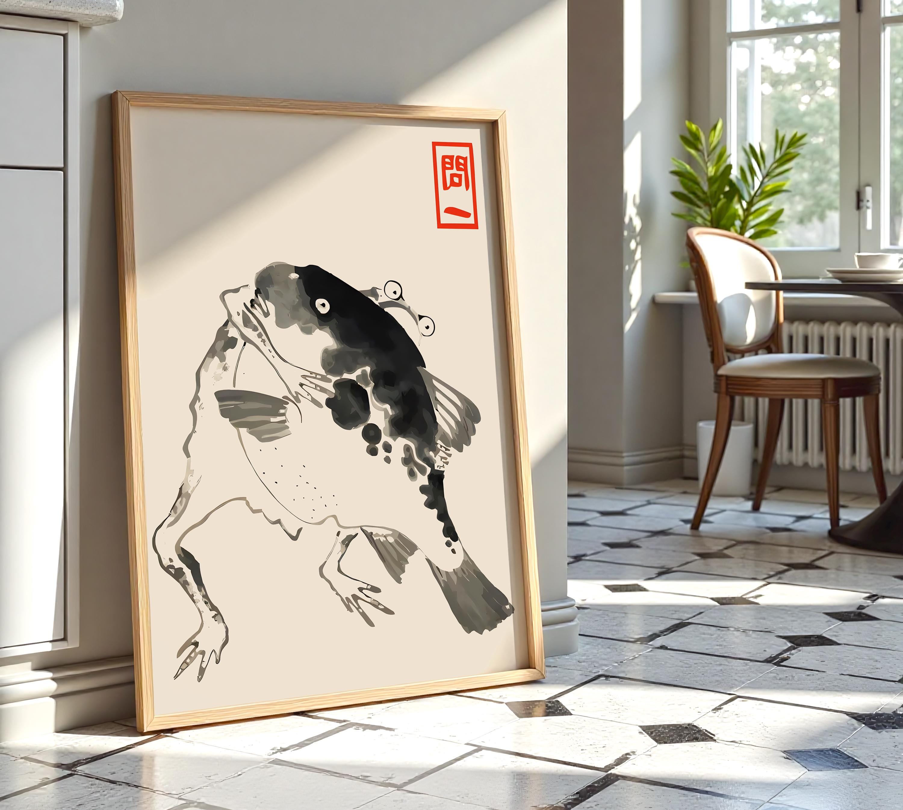 Matsumoto Hoji Frog and Fish Minimalist Ink Poster, Japanese Wall