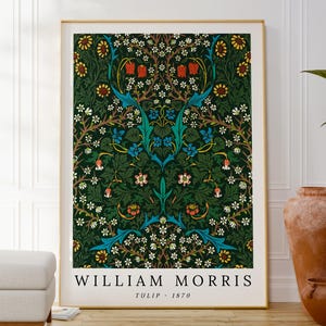 Impression d'art tulipe William Morris, oeuvre d'art originale, affiche de conception de motif, art de pendaison de crémaillère, inspiré de la nature, art mural vert, mur de la galerie
