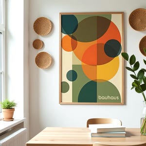 Pu&ograve; includere: Una stampa incorniciata con un design geometrico che presenta cerchi sovrapposti in tonalit&agrave; di verde, giallo, arancione e marrone. La stampa ha la parola "bauhaus" nell'angolo in basso a destra.