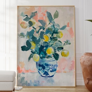 Cuadro de limones en jarrón, arte floral botánico, elegante decoración de pared, colores pastel, estampado de limones, regalo para ella, póster de cocina