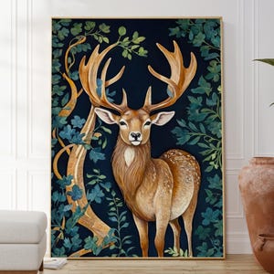 Poster artistico con cervo nella foresta, stampa artistica da parete naturale, opera d'arte sulla fauna selvatica, decorazione da parete per la casa verde foresta, idea regalo naturale ed elegante per lei