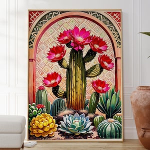 Traditioneller mexikanischer Kaktus-Druck, Wüsten-Kakteen-Druck, moderne elektrische Wandkunst, natürliches Blumenplakat, bunte Natur inspirierte Kunst, Geschenk