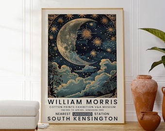 Dreamy Moon and Cloud Print, Fantasy Celestial Starry Night Wall Art, William Morris Inspired Celestial Print, Moon And Stars Art