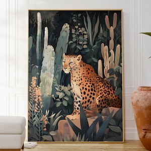 Leopard Botanische Wandkunst, Dschungel und Kaktus Poster, Einzigartige Küchendekoration, Tierillustration, Spaß Geschenk für Sie