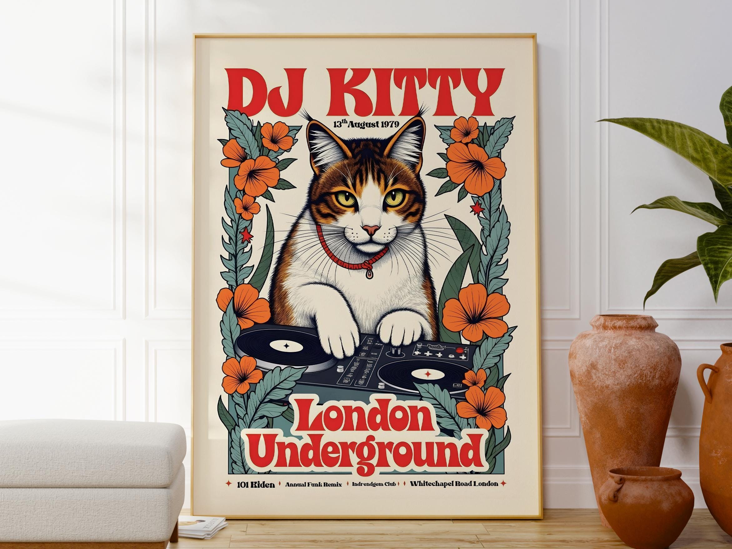 【CAT】　vintage poster Retro DJ Cat Wall Art, Vibrant Music Poster, Djs, and Funky Home