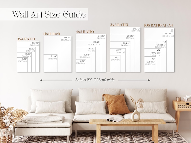 May include: A wall art size guide with various print ratios and dimensions, including 11x14 inch, 24x36 inch, and A1-A4 sizes. The guide is displayed above a sofa that is 90 inches wide.