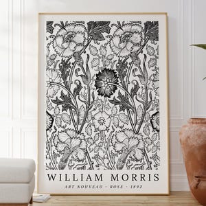 Póster de rosa Art Nouveau de William Morris, impresión botánica en blanco y negro, diseño floral, idea de regalo original.