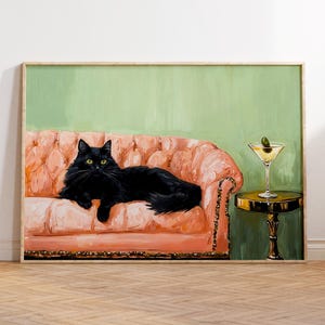 Póster de cóctel de gato atrevido, arte mural femenino, decoración de bar con gato negro, regalo elegante para ella, impresión rosa para el hogar.