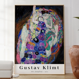 May include: A colourful painting by Gustav Klimt titled "Die Jungfrau" (The Virgin) from 1913. The painting features a group of women in a swirling, abstract composition with vibrant colours and floral patterns.