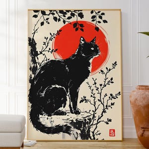 Póster japonés de gato negro y sol, arte mural minimalista con tinta animal, decoración zen relajante, regalo elegante para ella, arte moderno japonés para el hogar.