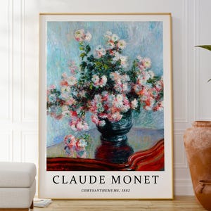 Lámina de arte mural botánico "Crisantemos" de Claude Monet, póster de jarrón de flores, obra de arte de ramo floral, bodegón inspirado en la naturaleza, decoración del hogar, regalo