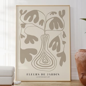 Impresión de flores y jarrones, colores neutros, decoración minimalista de pared, arte moderno para el hogar, tendencia actual, elegante póster floral.