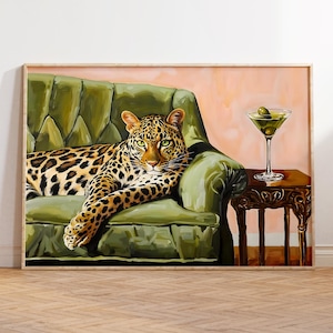 Bold Leopard Wall Art, Martini and Animal Print, Fun Gallery Poster, Unique Gift for Her, Home Decor Statement, Glamorous Art