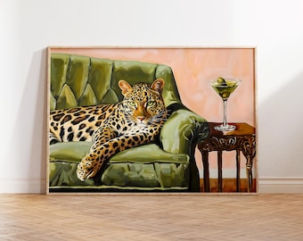 Bold Leopard Wall Art, Martini and Animal Print, Fun Gallery Poster, Unique Gift for Her, Home Decor Statement, Glamorous Art