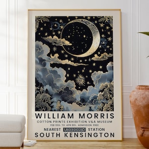 Moon Stars And Clouds Print, William Morris, Blue And Gold Wall Art, Celestial Home Decor, Bohemian Poster, Fantasy Poster