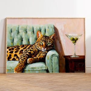 Póster de gato y cóctel martini, arte mural de animales, estampado de leopardo, regalo elegante para ella, impresión moderna para el hogar, regalo para amantes de los gatos