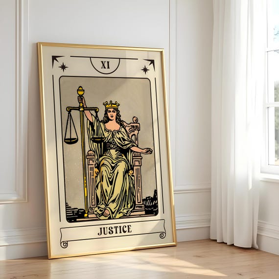 Justice Tarot Card Print – Vintage Tarot Poster, Balanced Symbolism Wall Art, Classic Tarot Illustration