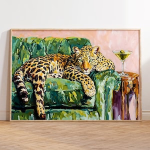 Leopard And Martini Print, Leopard Lying On Sofa, Animal Wall Art, Fun Bold Poster, Unique Gallery Wall Decor, Alcohol Print