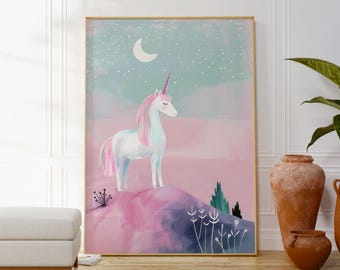 Pink Unicorn and Stars Poster, Fun Nursery Wall Art, Kids Room Decor, Magical Animal Print, Ideal Gift For Friend