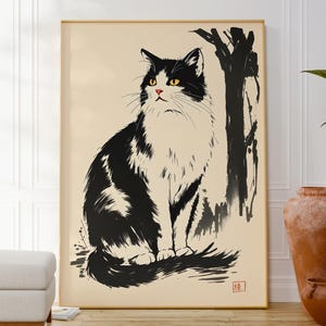 Impresión de tinta japonesa de gato negro, arte mural de animales tranquilos, decoración minimalista zen para el hogar, regalo para ella, póster de tinta botánica