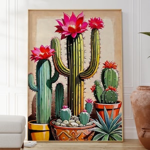 Stampa di cactus botanici, poster di arte murale messicana, opera d'arte floreale di cactus, decorazione artistica da parete per la casa, stampa verde naturale, regalo per lei, arte elettrica