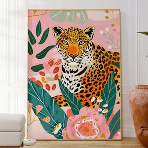 Póster de leopardo y flores, decoración de pared colorida, arte infantil, estampado animal, póster infantil, regalo único para un amigo.