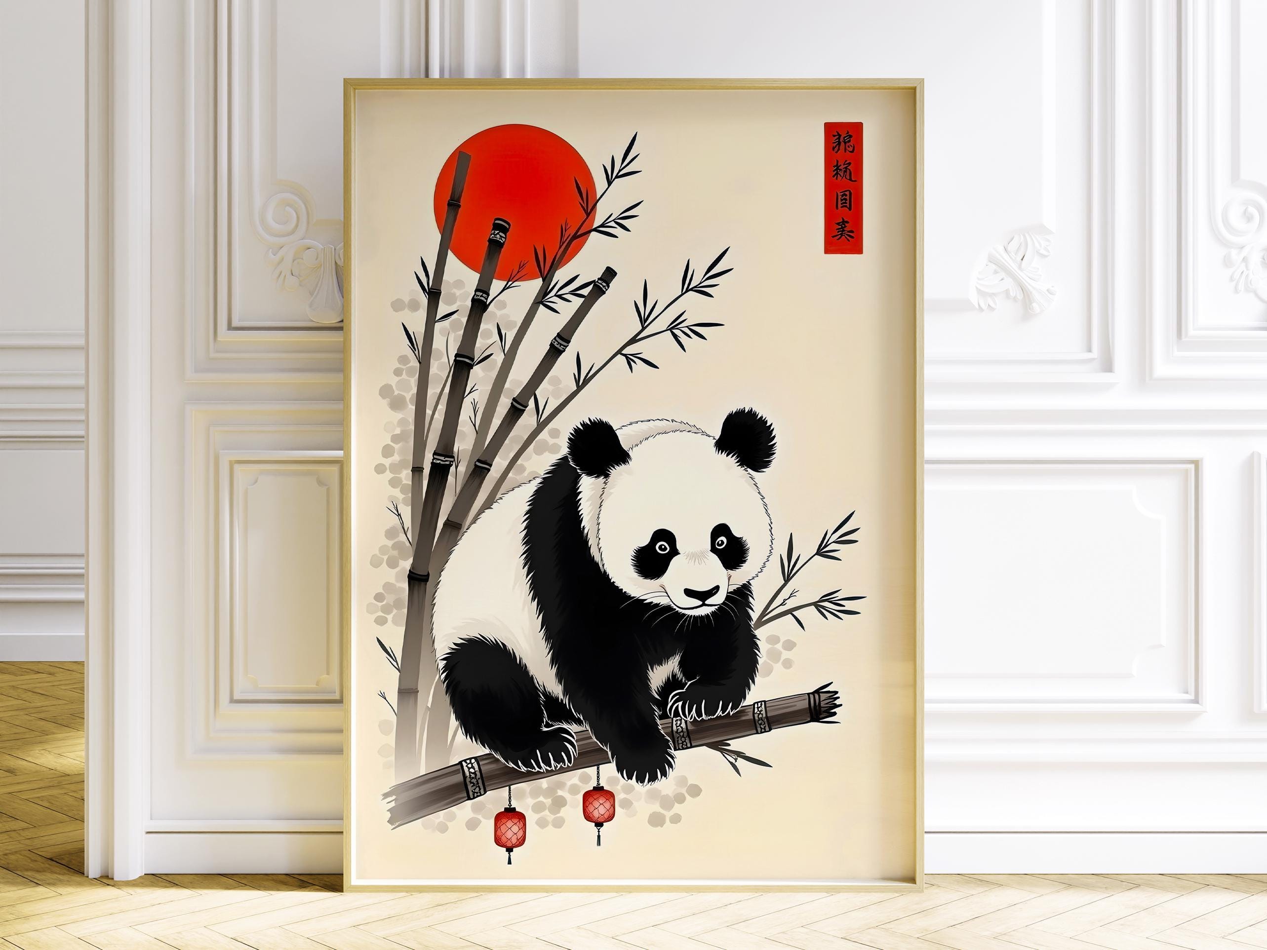 パンダ日和 アート、インテリア Japanese Panda Wall Poster, Bamboo and Lantern Illustration
