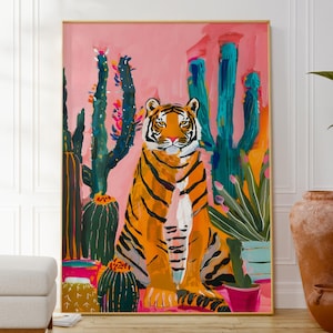 Tiger und Kaktus Wandkunst, Bunter Tierdruck, Botanisches Plakat, Kinderzimmerdekor, Geschenk für Freund, Spaß populäres Plakat