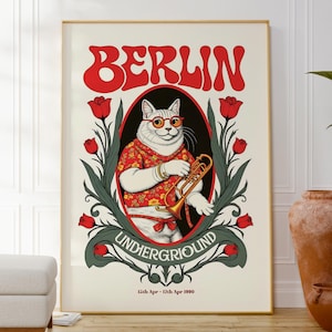 Arte del Muro de Berlín con un Gato Jazz Groovy, estampados florales, póster musical inspirado en los años 70, decoración para amantes del jazz, regalo para él